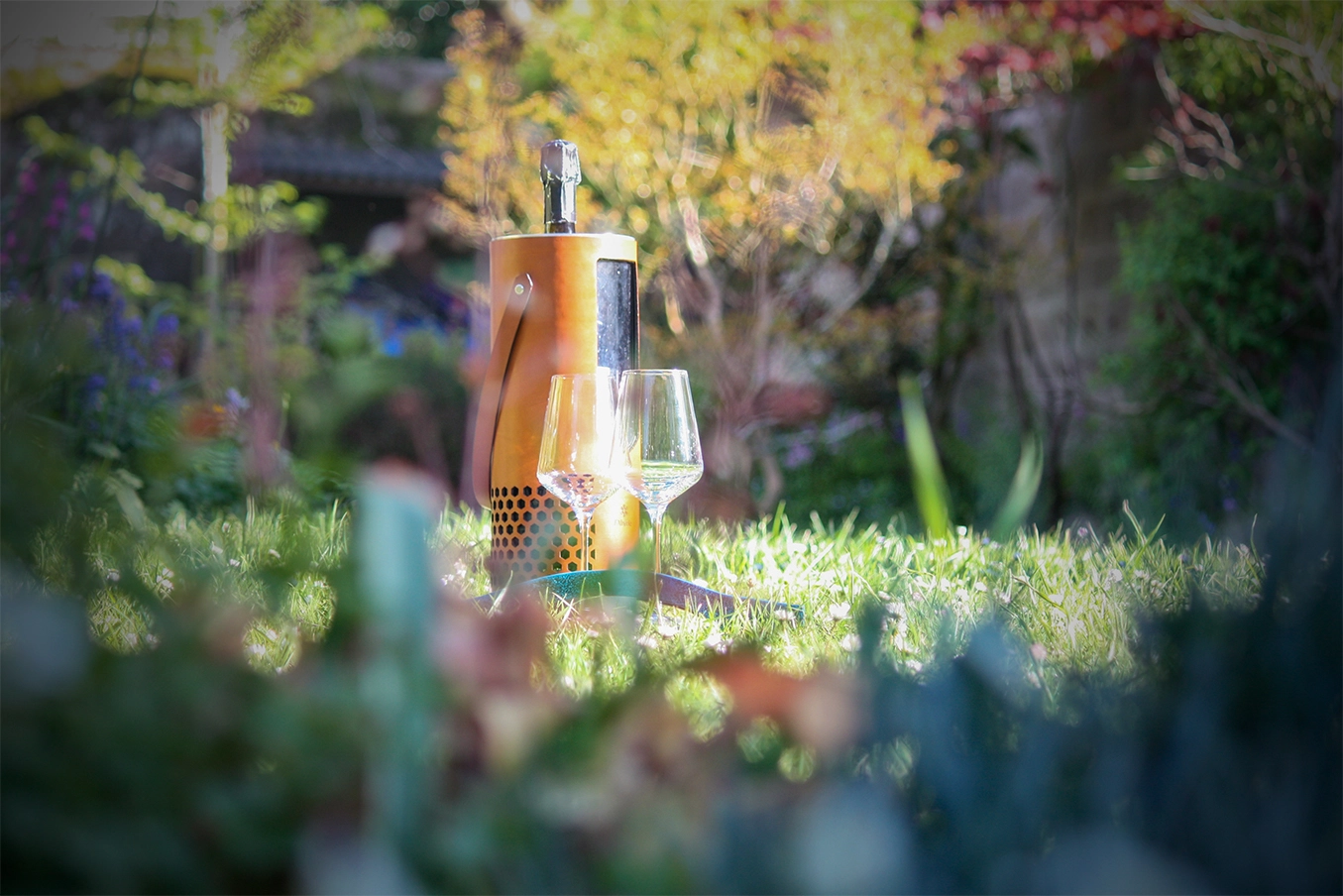 Une bouteille de champagne et deux verres de vin posés sur l'herbe, dans un jardin coloré avec un arrière-plan en plusieurs plans.